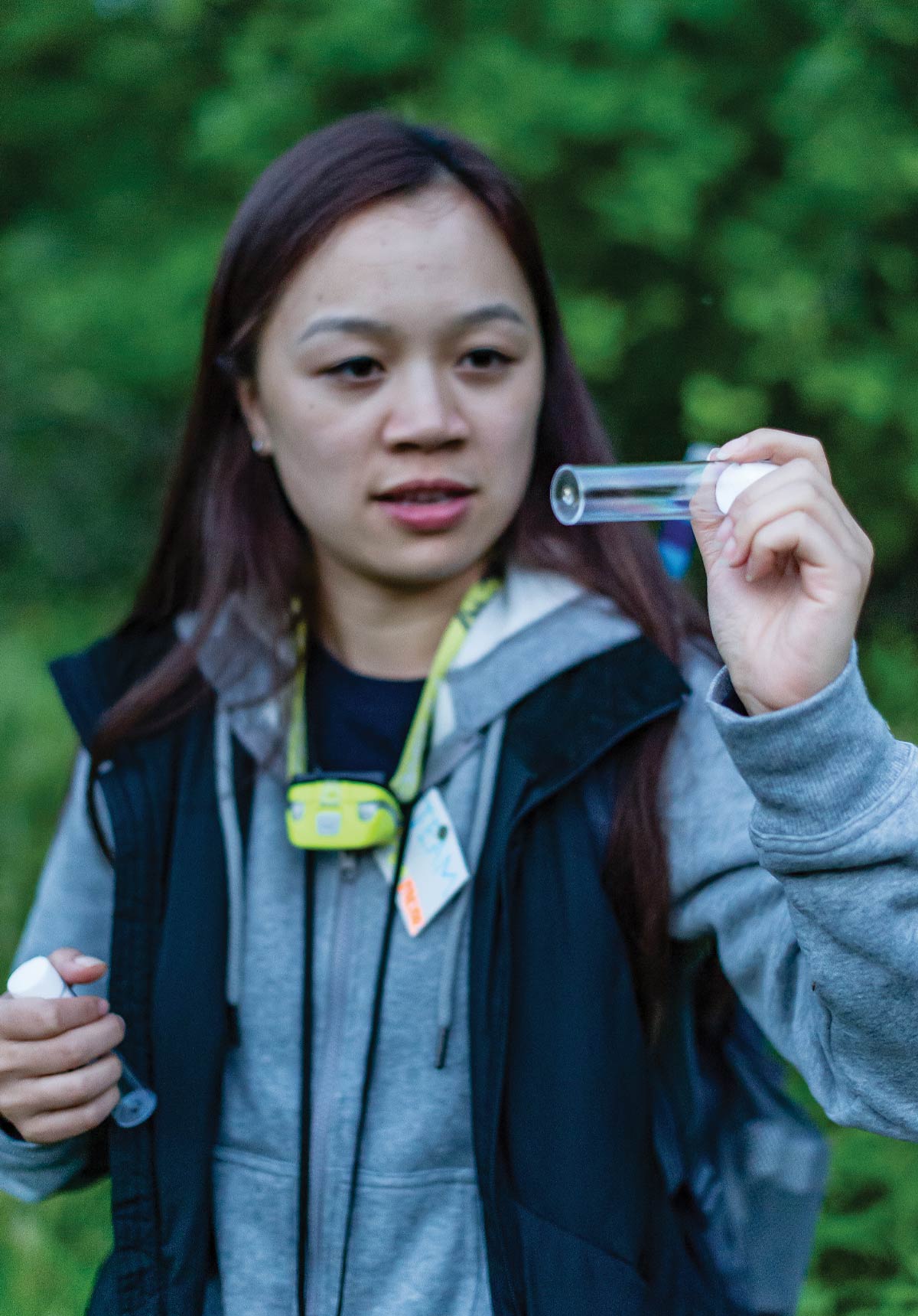 Hanh Tran ’20 verifies the identity of a firefly