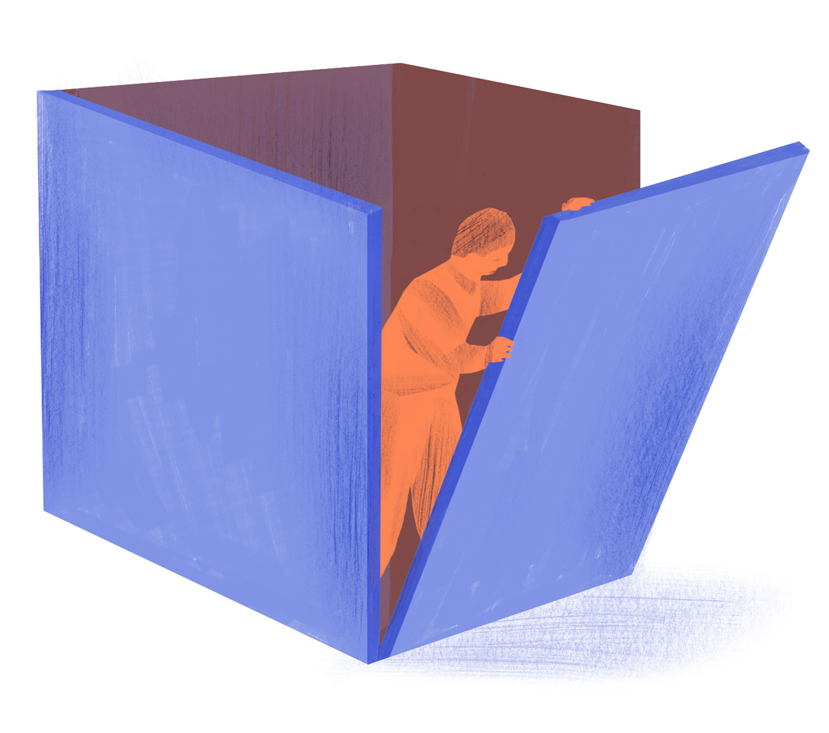 Orange and purple Illustration of a man pushing his way out of a box