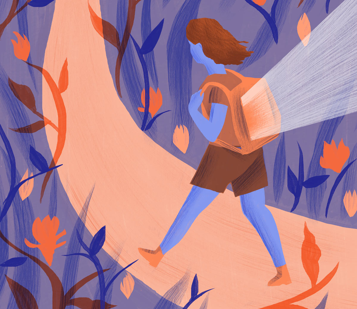 Painting style Illustration of a woman walking along a trail
