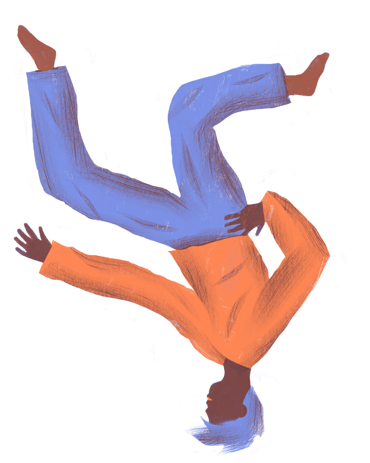 Orange and purple Illustration of a man tumbling upside down