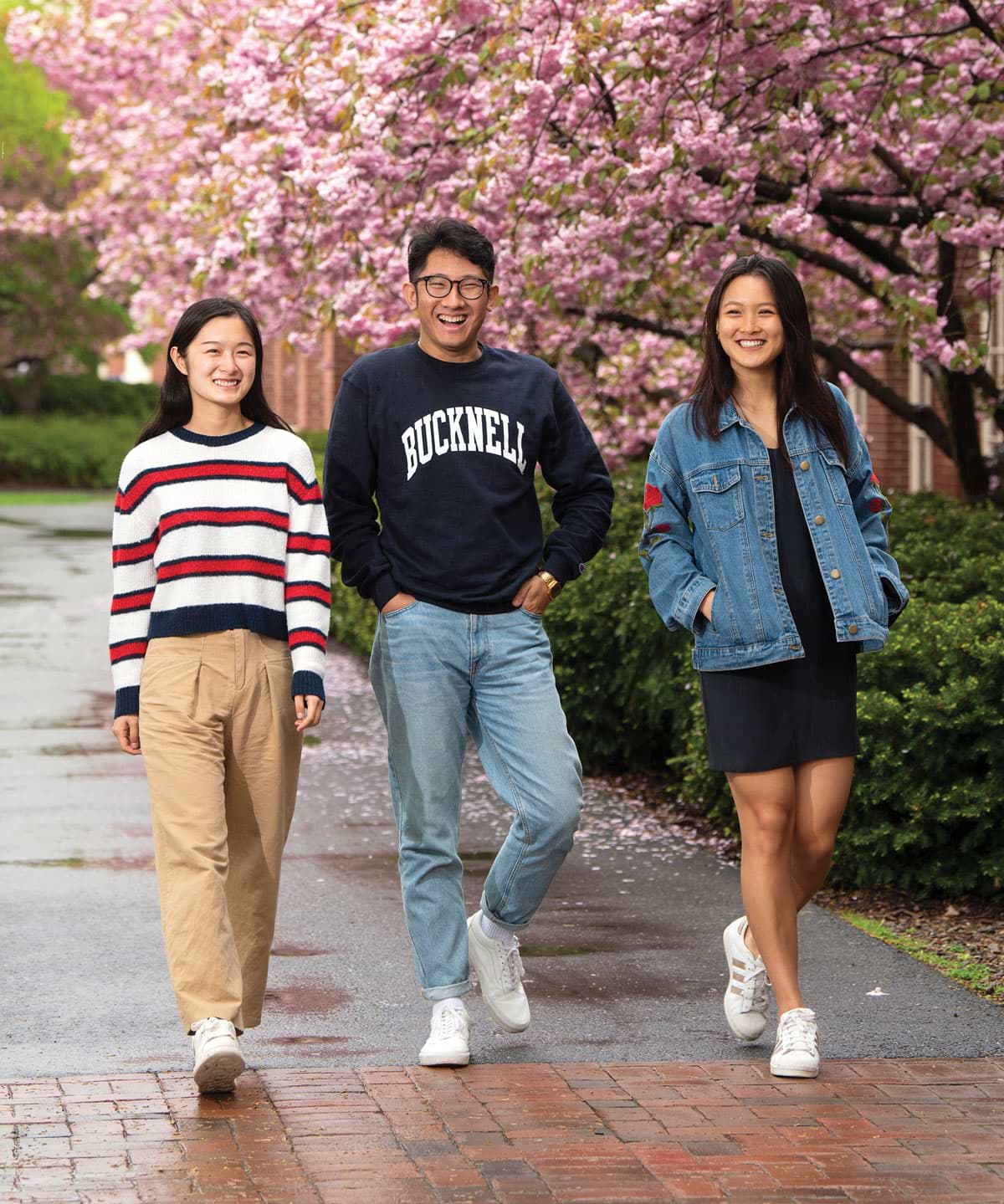 Three of Bucknell’s 135 students from China this spring were, from left, Jiayi “Echo” He ’20, Yuan “Alex” Gao ’19 and Milenna Huang ’22
