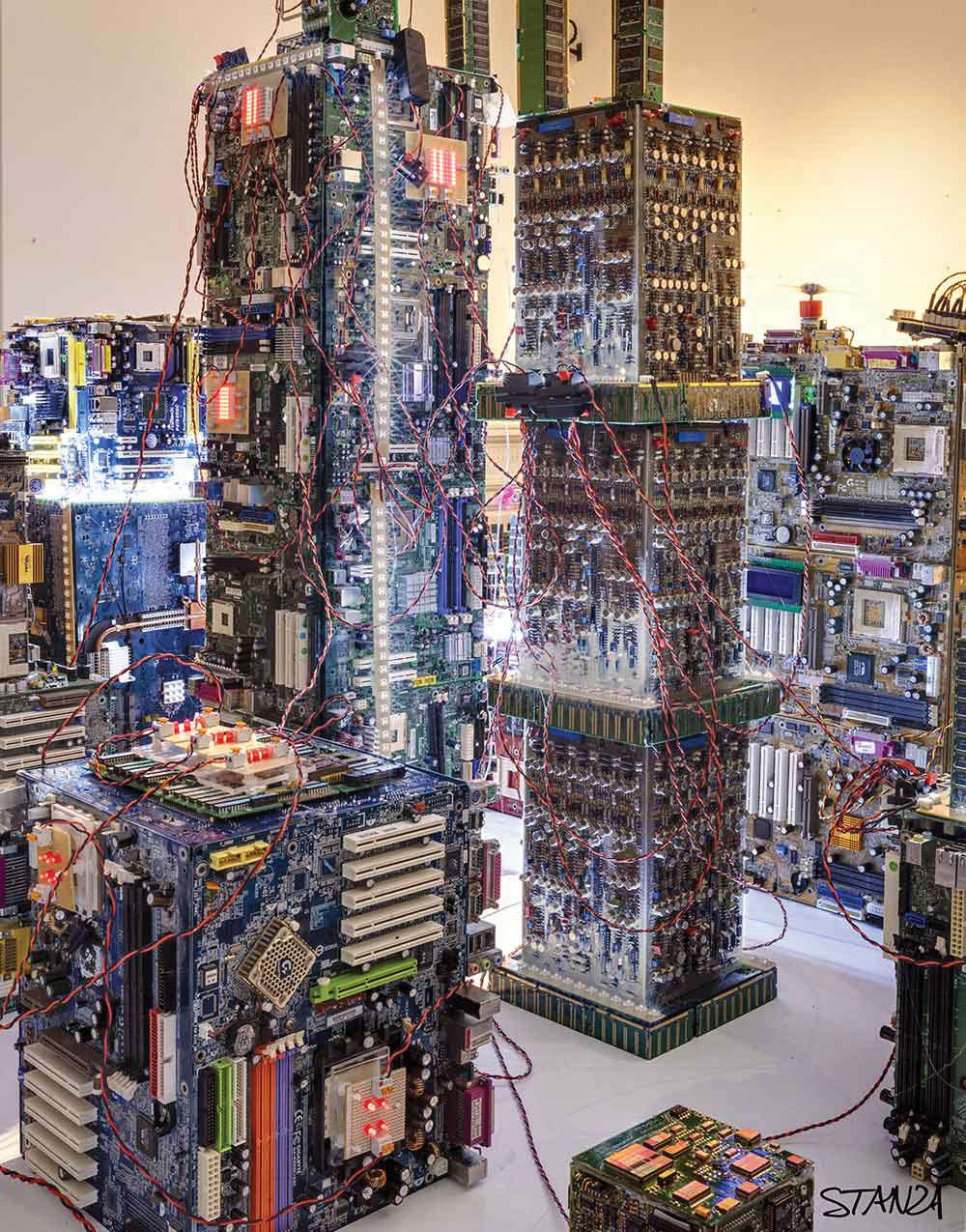The exhibition The Nemesis Machine showcasing a cybernetic cityscape
