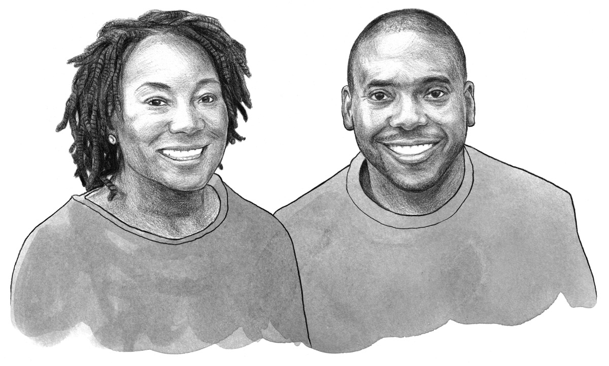 charcoal drawing of Richard '03 and Monique Boley Alexander '05