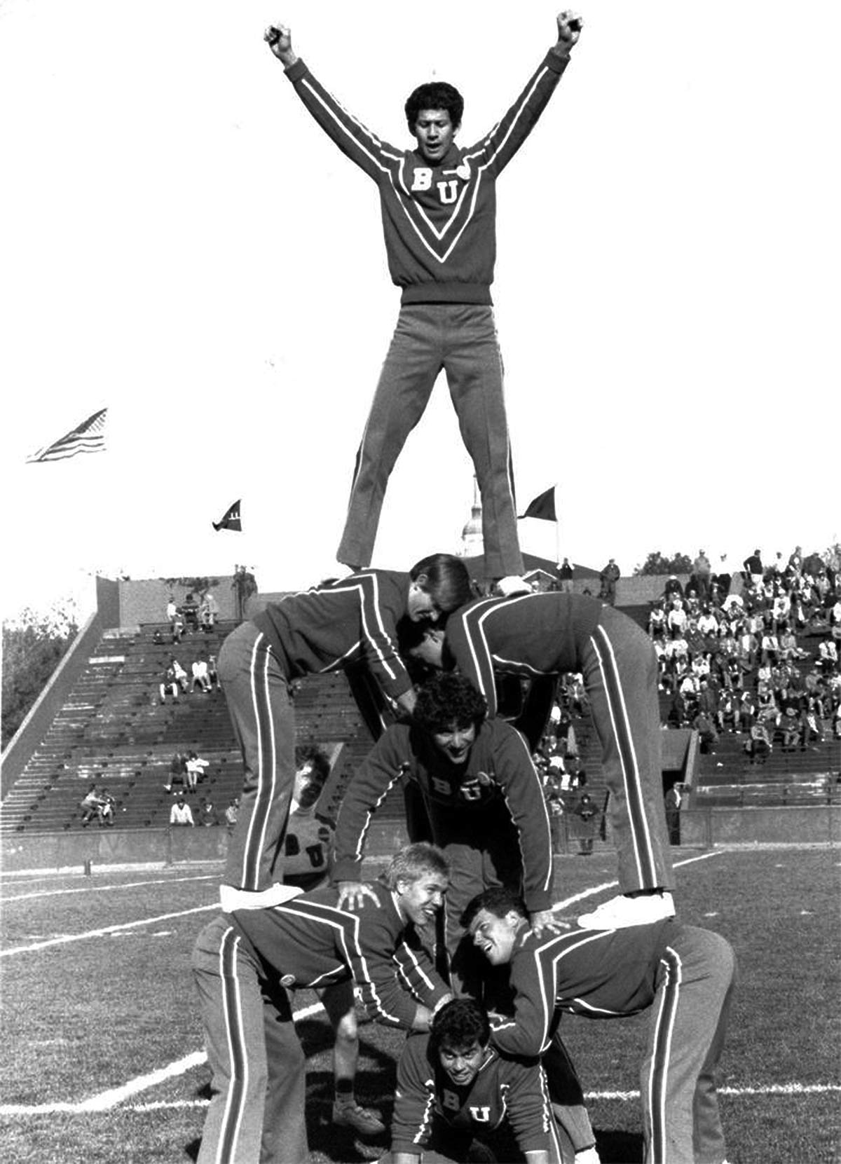Vintage photograph of Bucknell male students doing a stacking formation