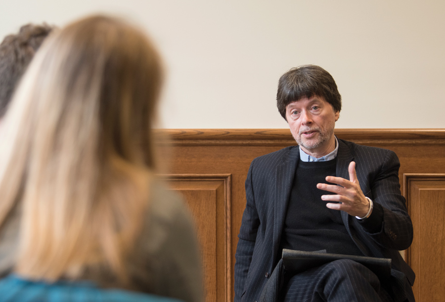 Ken Burns takes questions from students before his Bucknell Forum appearance.