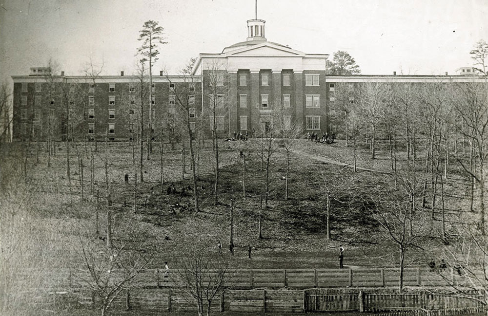 An early view of Old Main (Roberts Hall), which, when completed in the 1850s, was one of the largest college buildings in the nation.