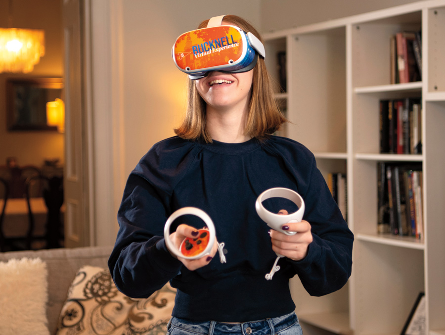 Girl in living room experiencing Bucknell through virtual reality