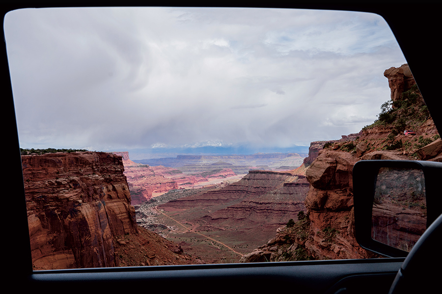 mountain range view through a car window