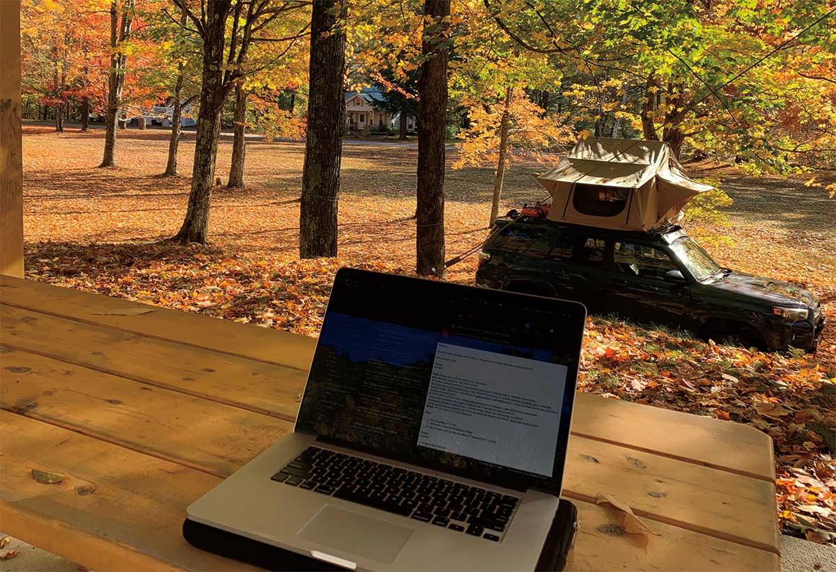 Doug Bogan ’13 proves that a laptop can allow one to work from anywhere.