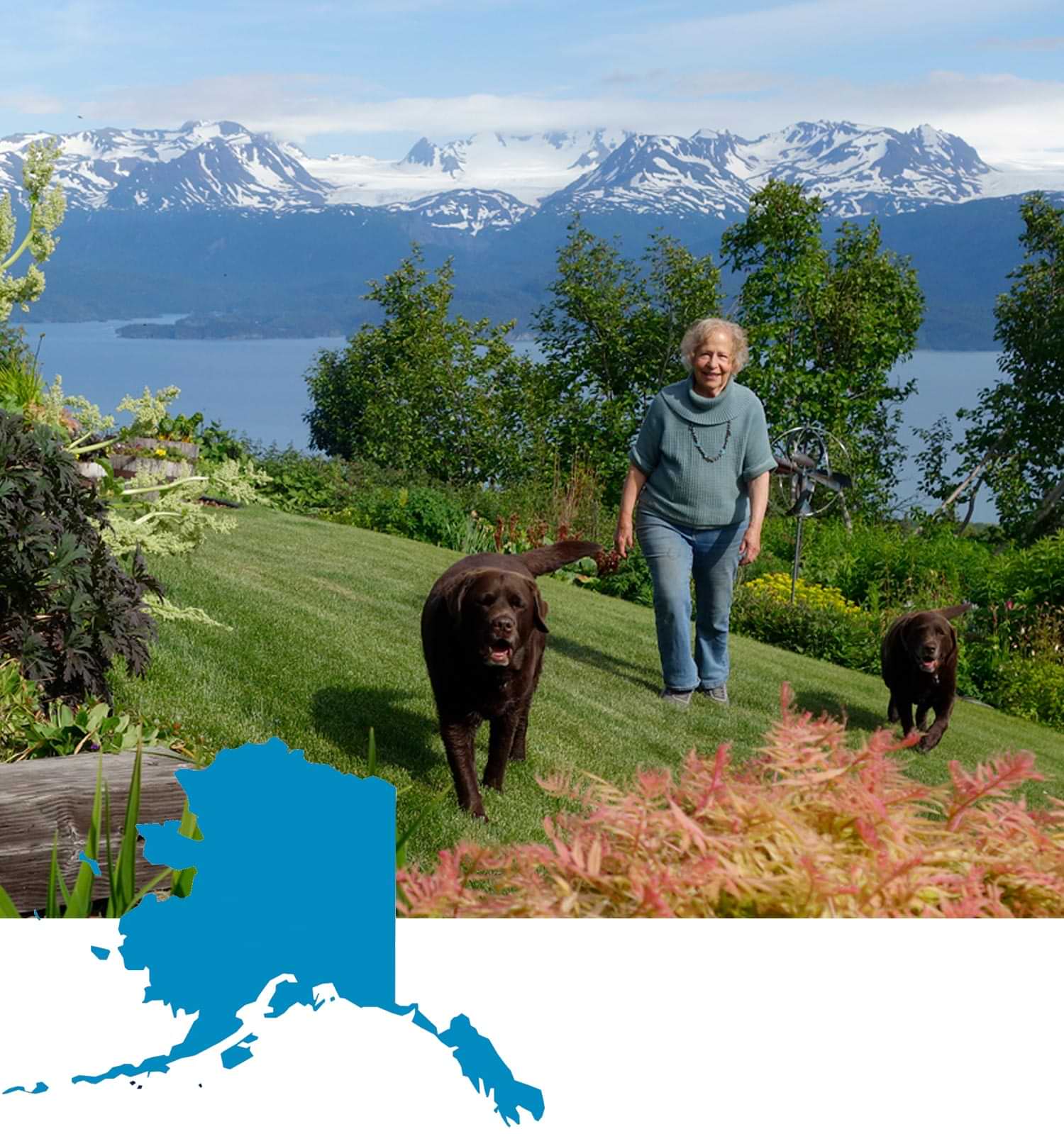 Brenda Crouthamel Adams and her dogs at her home in Alaska
