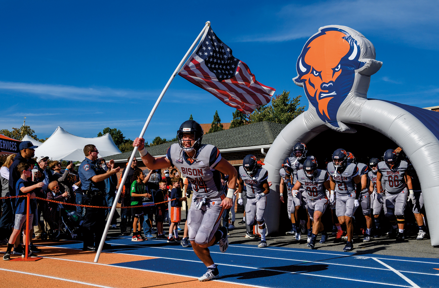 The Bison take the field before defeating Cornell University, 21-10, during Homecoming, Oct. 2, at Christy Mathewson–Memorial Stadium at the Pascucci Family Athletics Complex.