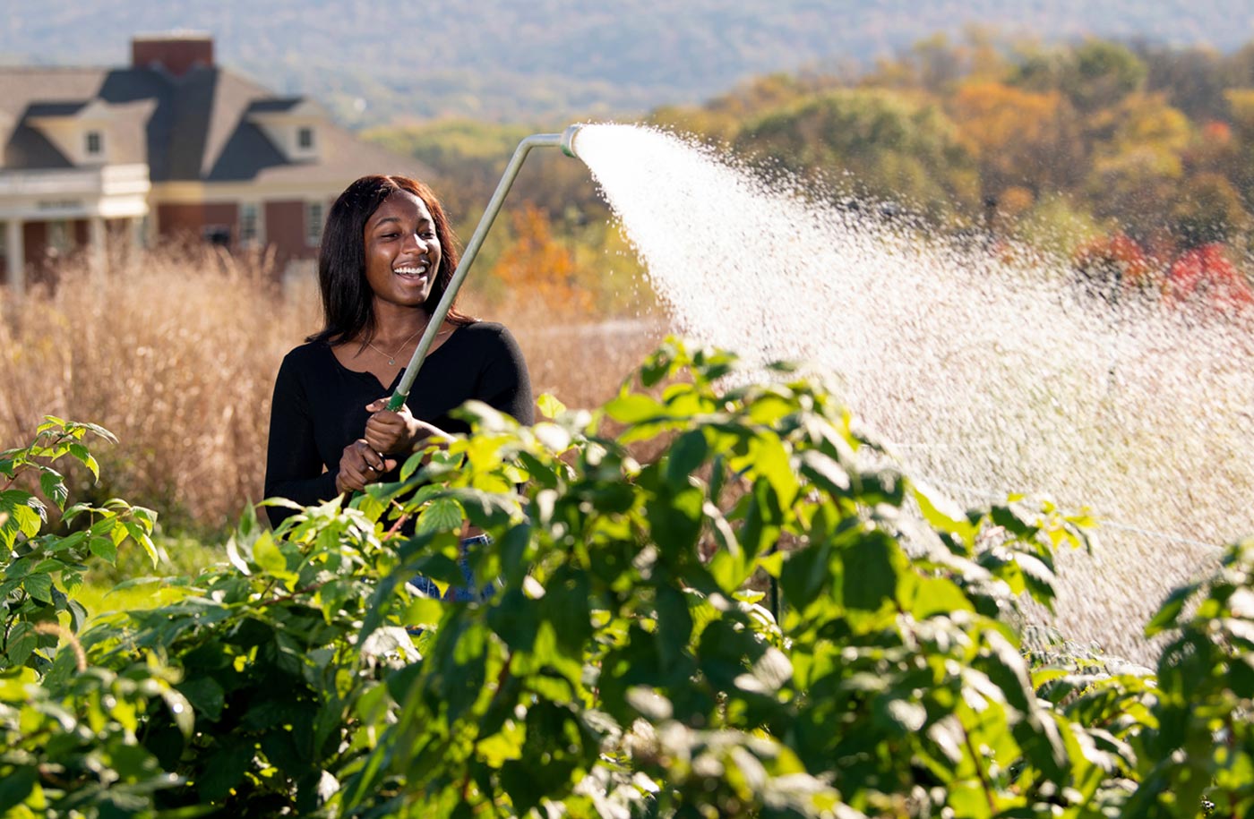 student Maya Asante waters plants in a field using a long handled hose