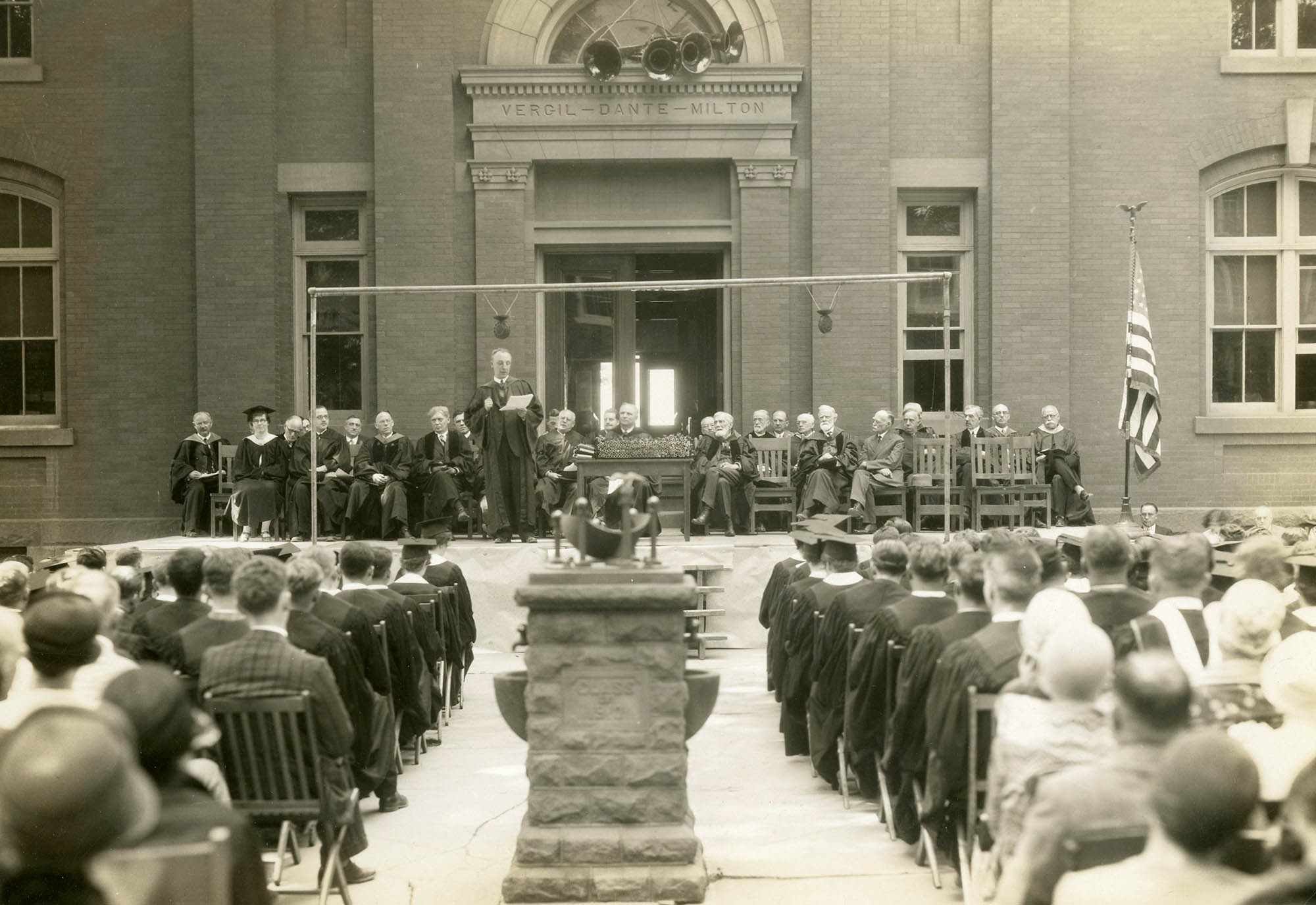The porch of the Carnegie Building served as the  Commencement platform from 1926 through 1932.