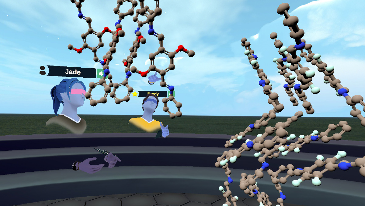 Chemistry students analyze molecular structures in virtual space using a cutting-edge molecular modeling program