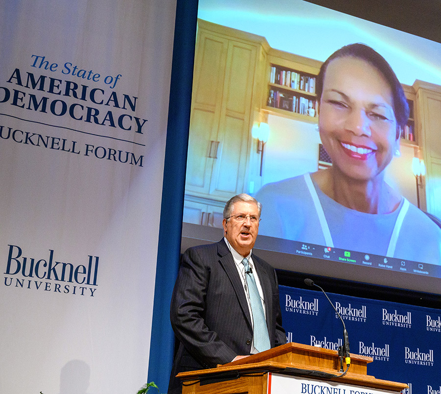 President John Bravman appeared onstage at the Weis Center for a virtual discussion with his former Stanford colleague Condoleezza Rice.