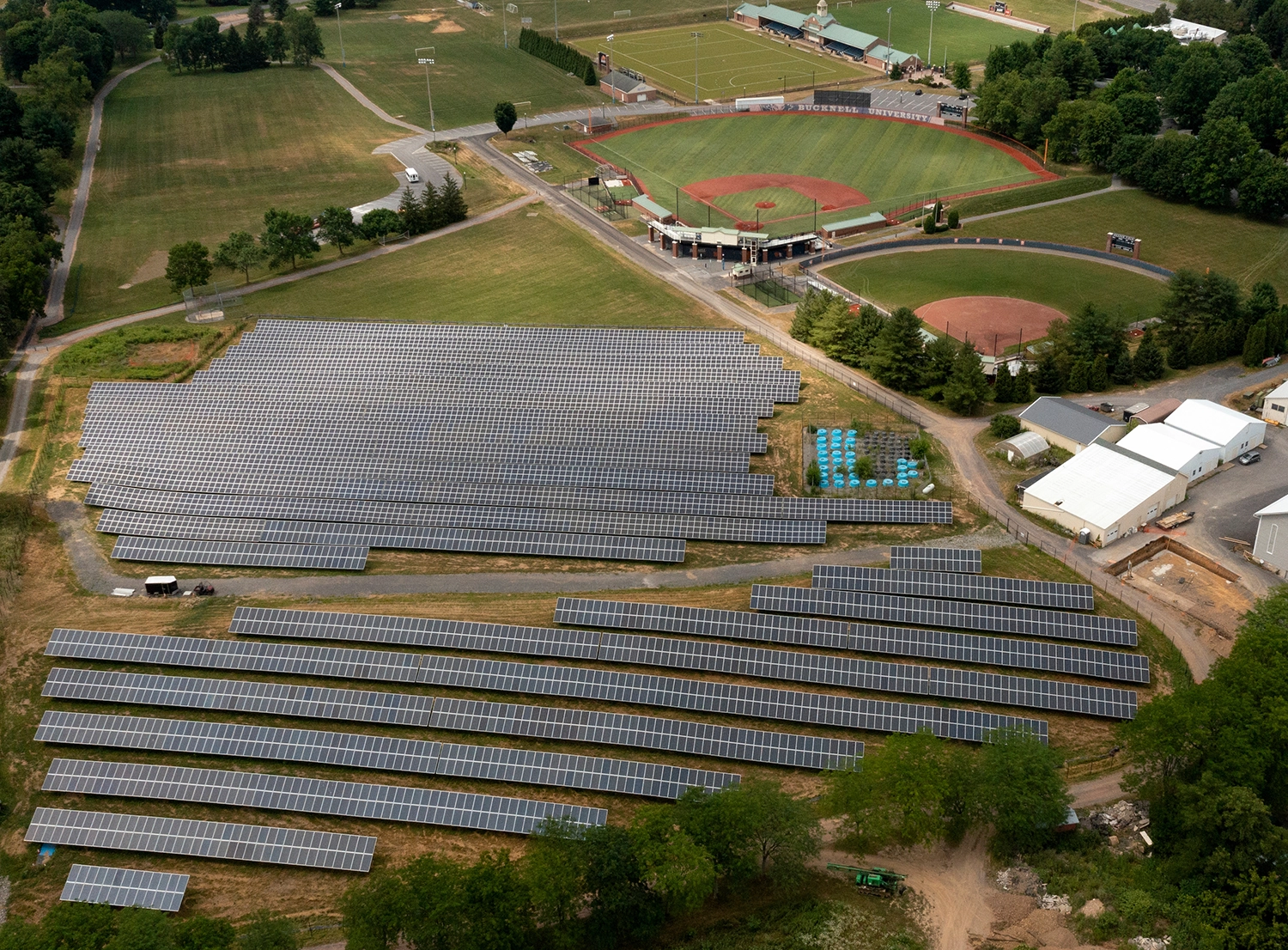Aerial view of Bucknell's solar array with sports fields in view