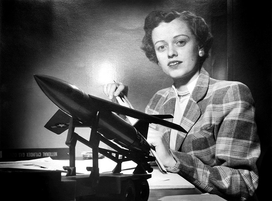 Helen Grimley Blockus in 1952 working on aeronautical engineering plans 