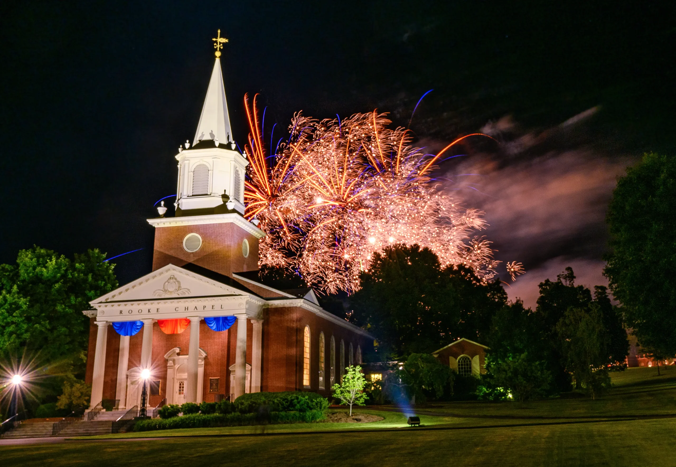 Fireworks set off behind the Rooke Chapel for Reunion Week