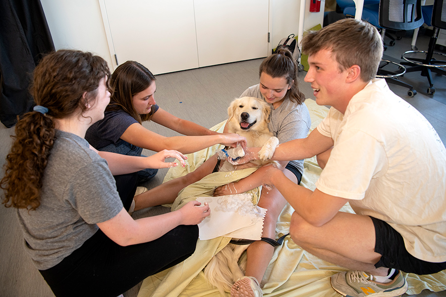Doug with 4 people helping to prep for prosthetic