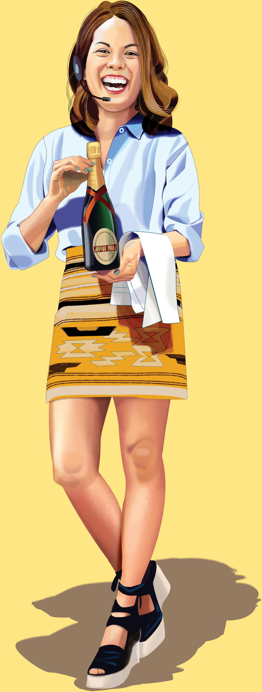 digital illustration of Abby Borden wearing a headset and holding a bottle of champagne