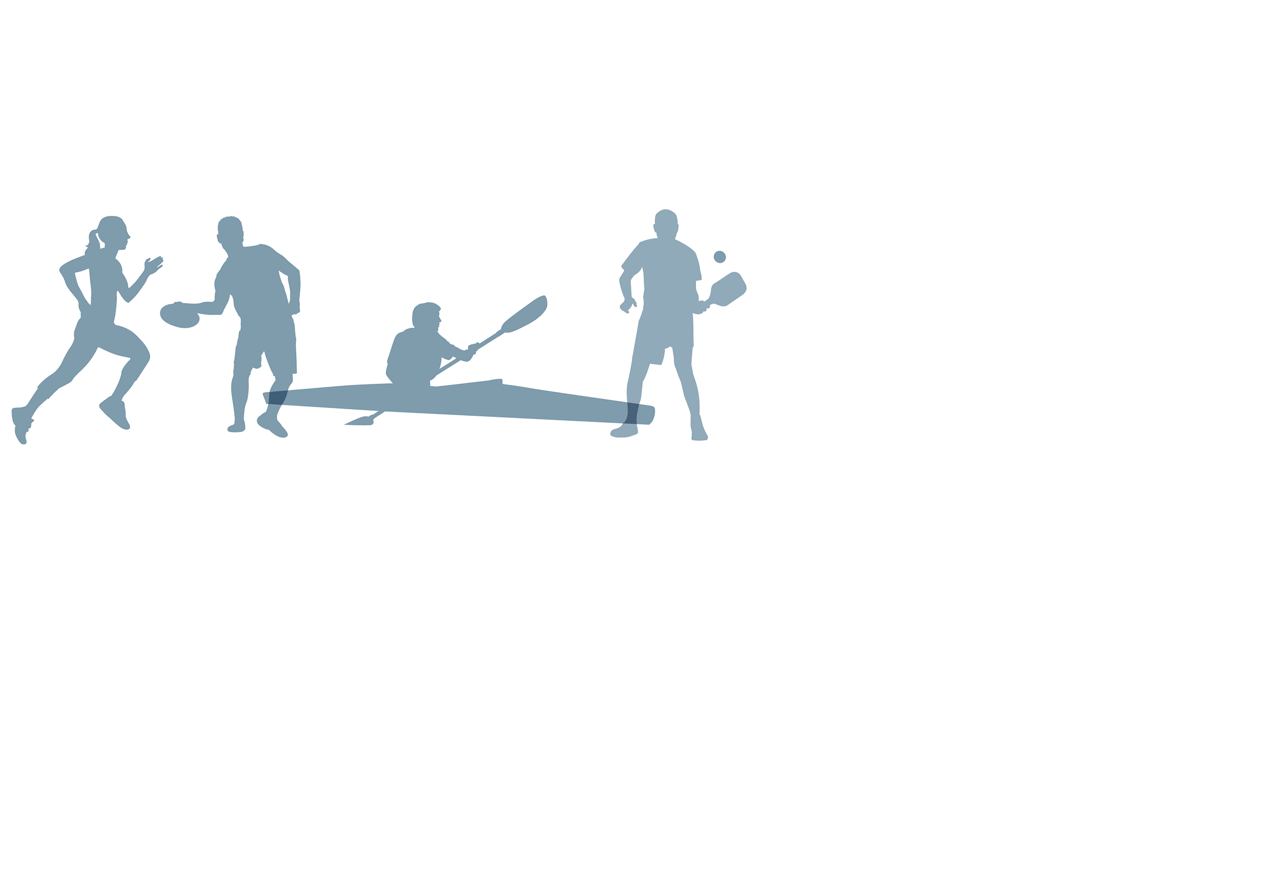 In A League of Their Own title; silhouettes of people performing different sports