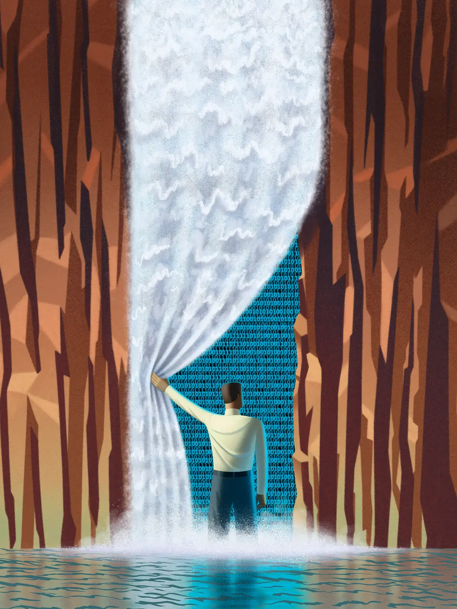 back view of a blocky illustrated man standing at the base of a waterfall, the figure pulls back a side of the waterfall like a shower curtain to reveal lines of bright blue binary numbers against a black background