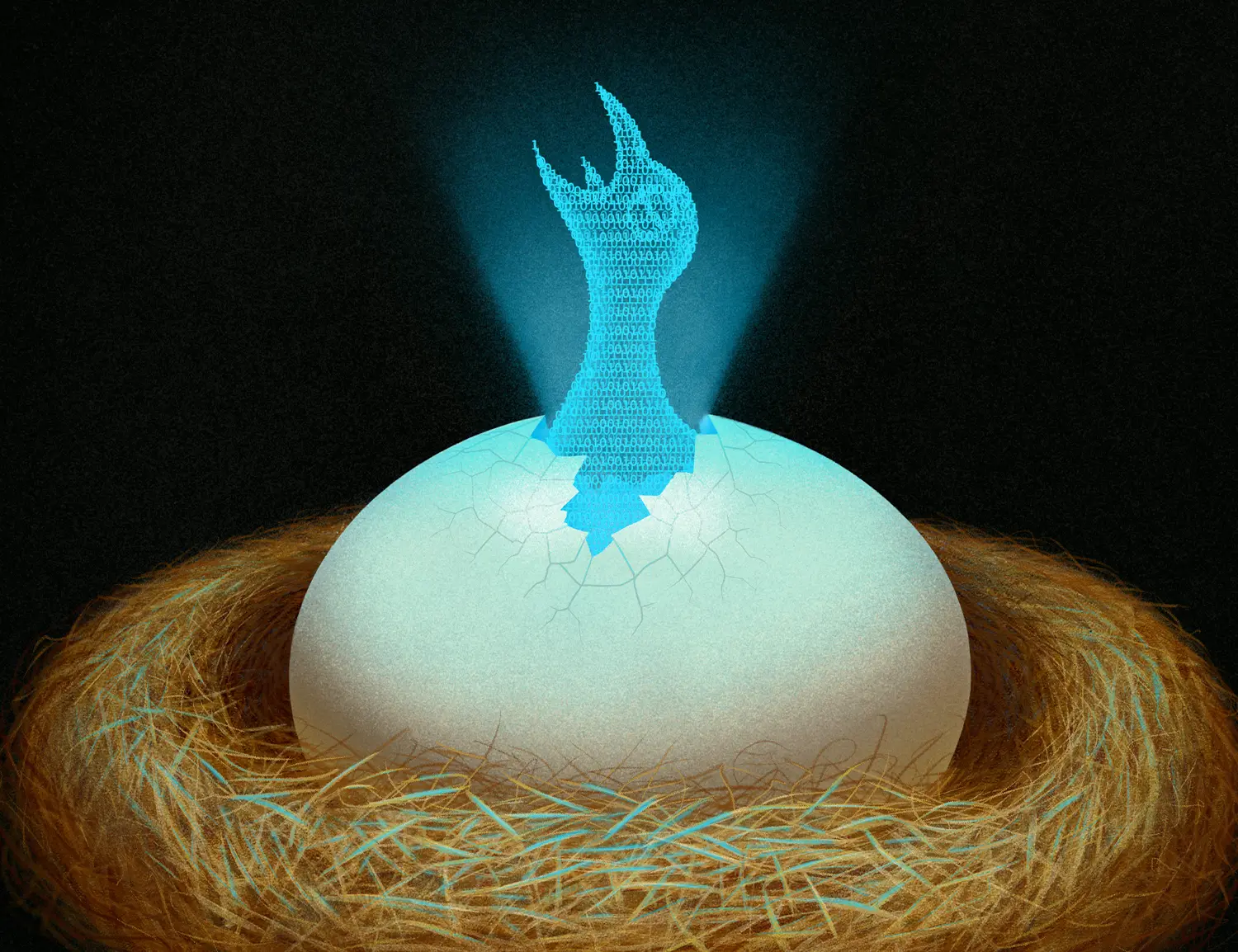 illustration of a cracked egg in a nest releasing a crowing chick made of glowing, blue binary numbers