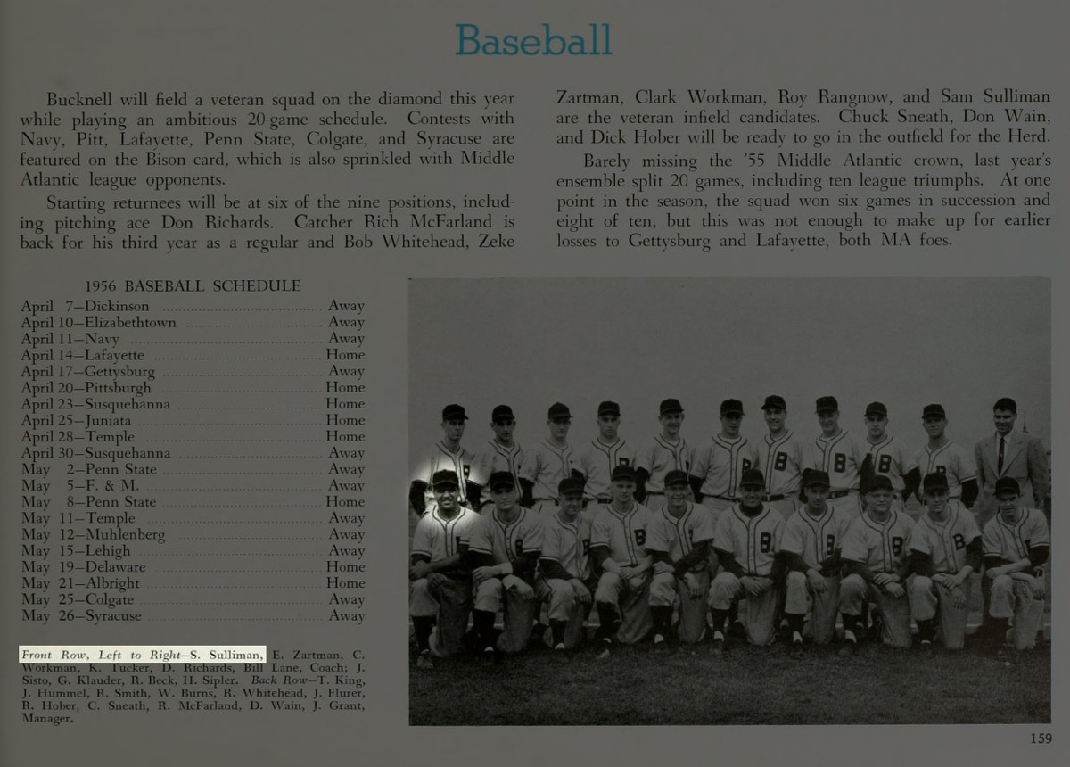 Samuel Edward Sulliman (front row, left) picture in the Bucknell University 1956 season baseball team photo