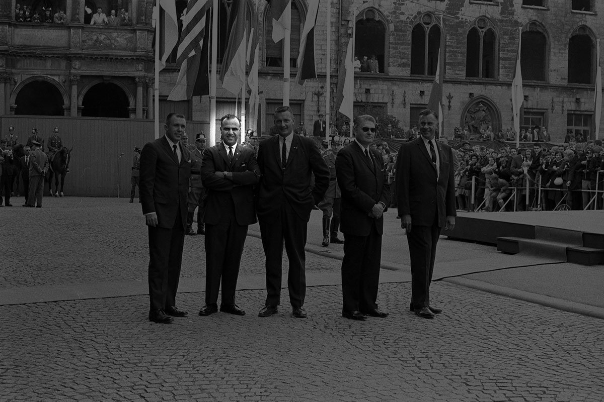 black and white photo, from left to right: Jerry Blaine, Sam Sulliman, Paul A. Burns, James J. Rowley, Roy Kellerman pictured during a Secret Service detail visit to Kölner Rathaus (city hall) in Cologne, West Germany