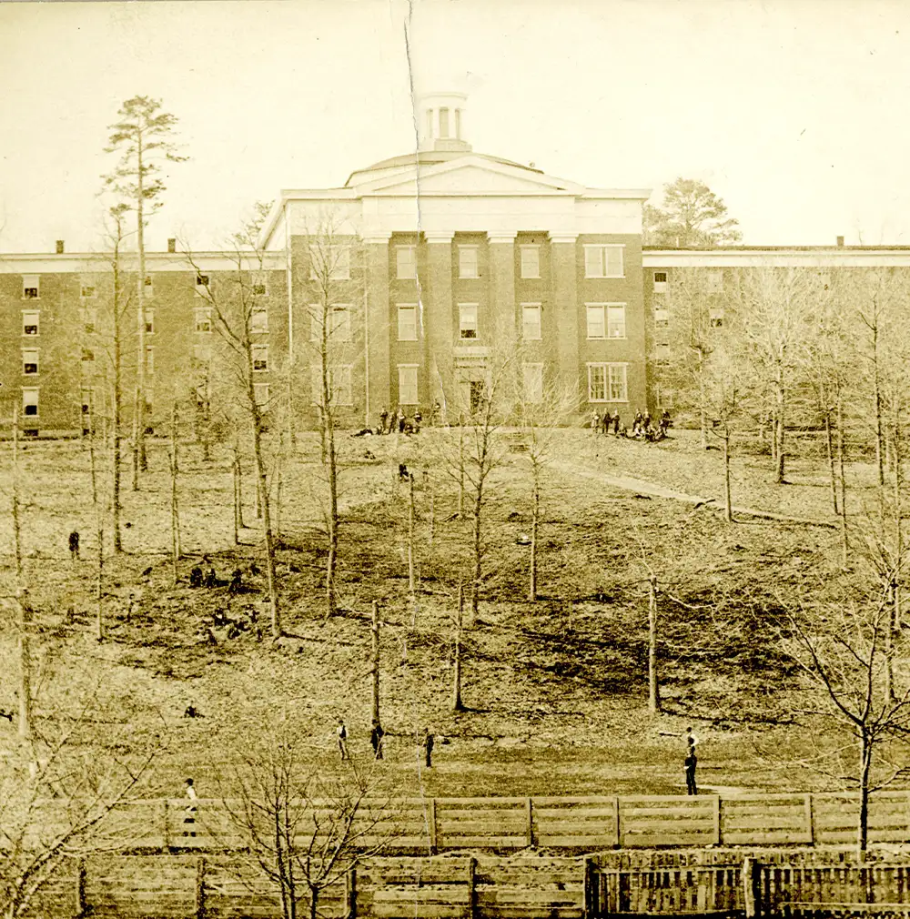 faded image of a large building on the Bucknell campus