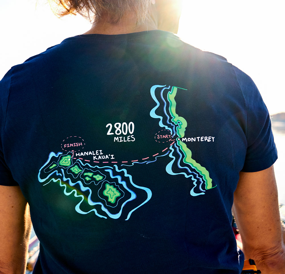 back view of a T-Shirt bearing an illustration of the route from Monterey, Calif., to Hanalei Bay on the island of Kauai